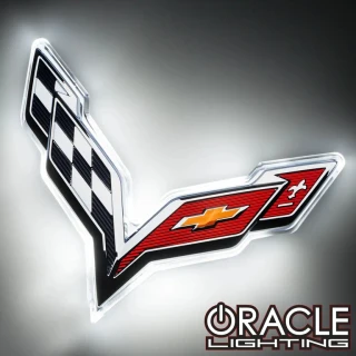 ORACLE 3655-001 white dual-intensity rear illuminated emblem for a 2014-2019 Chevrolet C7 Corvette ORACLE 3655-001 white dual-intensity rear illuminated emblem for a 2014-2019 Chevrolet C7 Corvette ORACLE 3655-001 illuminated C7 Corvette rear emblem operating as an additional brake light