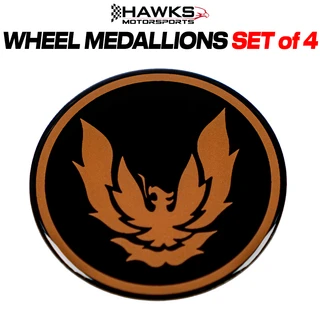 1982-1992 Pontiac Firebird Trans Am 16" Wheel Black with Gold Bird Medallions Set of 4 Reproduction 610MDLN (610MDLN)
Front view of black Firebird wheel medallion with gold bird emblem