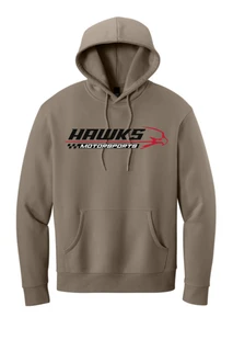 Complete Warm Taupe District MelloFleece hoodie with Hawks Motorsports graphic front view