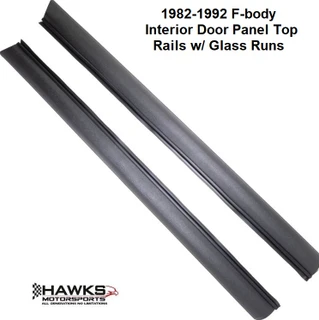 Complete door panel top rails with glass run inner weather seal attached and included.