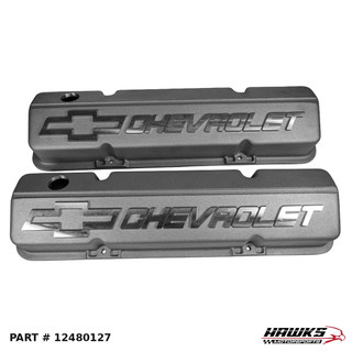 GM 12480127 short aluminum Chevrolet Bowtie valve covers, front view of both covers with raised Chevrolet lettering