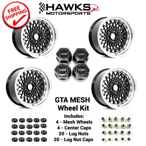 Key Features:
Hawks Restoration Parts HT179GTAB-KIT wheel package
Complete set of 4 wheels
17x9 size
Black GTA-style mesh center