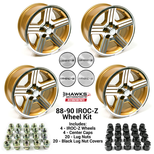1982-1992 Camaro Firebird 17x9 Gold 1988-1990 IROC-Z Wheel Kit, Set of 4, Includes Center Caps and Lug Nuts, Hawks Restoration Parts HT179IROCZGOLD-KIT