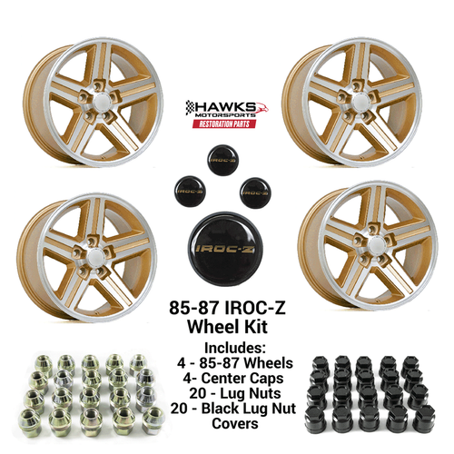 1982-1992 Camaro Firebird 17x9 Gold 1985-1987 IROC-Z Wheel Kit, Set of 4, Includes Center Caps and Lug Nuts, Hawks Restoration Parts HT179IROCZGOLD-85-KIT