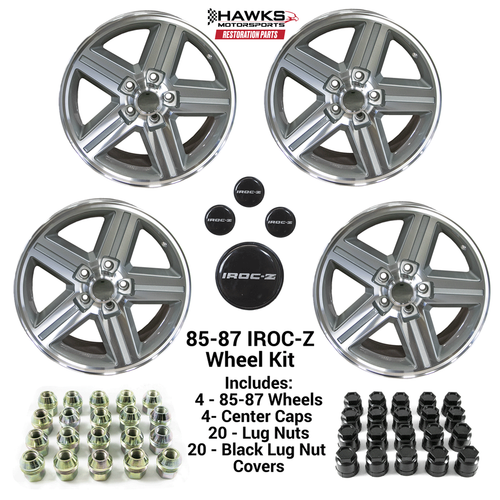 1982-1992 Camaro Firebird 17x9 Gray 1985-1987 IROC-Z Wheel Kit, Set of 4, Includes Center Caps and Lug Nuts, Hawks Restoration Parts HT179IROCZGRAY-85-KIT 