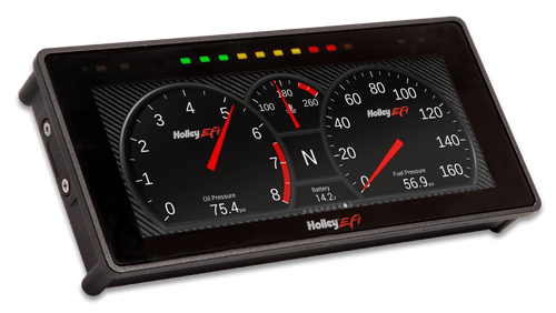 Holley EFI 6.86 inch Pro Dash
Part number 553-112
Universal fit digital dash display
6.86 inch diagonal viewing area
1280x480 high-resolution display
Full-color capacitive touch screen
Low-glare, high-brightness, high-contrast screen
Plug-and-play display support for Holley Dominator, HP, Terminator X, Terminator X Max, and Sniper EFI systems
Not compatible with Sniper 2 EFI systems
Capable of monitoring up to 238 real-time data values depending on system setup
Programmable gauge and indicator screens
10 default background skins preloaded
Custom layout and background import capability
Quickly swipe between multiple active screens
Virtual switch panel feature
Manual or auto-brightness control
Built-in GPS with odometer function
GPS antenna included
On-screen datalog playback
Expandable storage through USB
USB keyboard and mouse functionality for faster layout setup
User-definable channel alarms and warnings
Integrated 10-LED programmable shift light
Four additional programmable warning LEDs
13 multi-configurable inputs through the 34-pin connector
Four ground-switched outputs for auxiliary control functions
Weather-resistant aluminum housing
Surface or flush mounting capability
Four 10-32 mounting holes
Dash weight: approximately 1.2 lb
UPC: 090127072790
