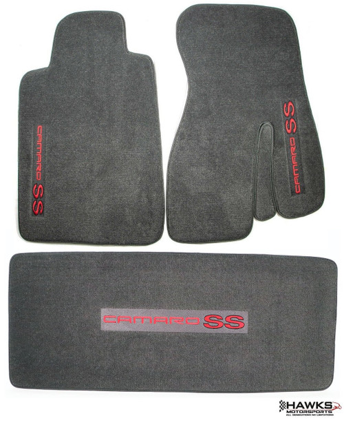 ACC Graphite front floor mats and rear hatch deck mat with Camaro SS logos for 1993-2002 Camaro coupes