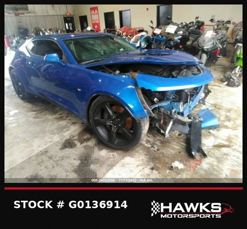 Front view of the 2016 Chevrolet Camaro 2SS parts car showing collision damage to the front bodywork.