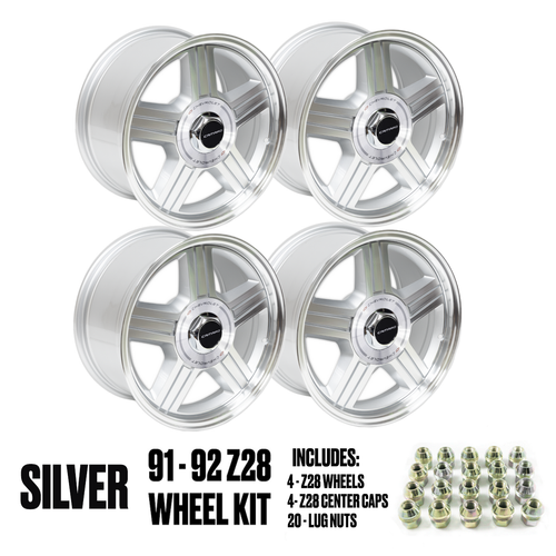 1991-1992 Camaro Z28 17x9 Wheel Kits, Set of 4, Silver, Includes Center Caps and Lug Nuts, Hawks Restoration Parts 1991-1992 Camaro Z28 17x9 Wheel Kits, Set of 4, Silver, Includes Center Caps and Lug Nuts, Hawks Restoration Parts