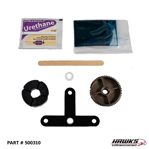 500310 headlight motor repair kit with aluminum gear, rubber bumper, T-brace, washer, grease, urethane and mixing stick for 1993-2002 Firebird and late 2000-2004 Corvette C5 plastic-housing actuators