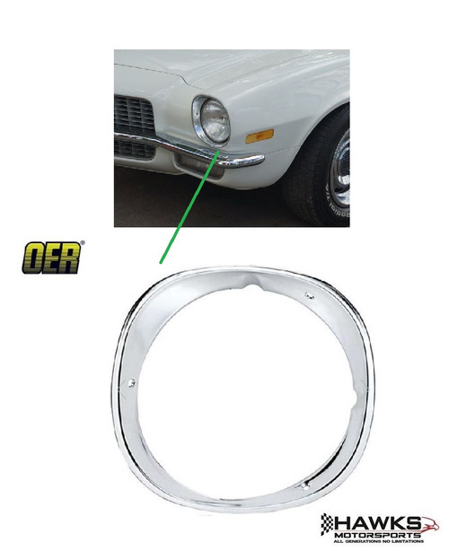 Restore your 1970-1973 Camaro with this OER LH headlight bezel. Polished anodized aluminum, exact-fit reproduction for standard and RS models. Hawks Motorsports 864-855-2694