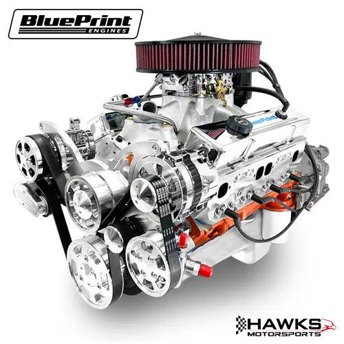 GM Small Block Compatible 427 c.i. Engine and 700R4 Automatic Transmission - 540 Horsepower - Standard Edition Builder Series - Polished Pulley Kit - Carbureted, BluePrint Engines (B427K700) Hawks Motorsports