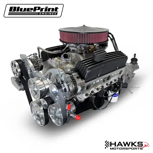 GM Small Block Compatible 400 c.i. Engine and TKX Manual Transmission - 500 Horsepower - Standard Edition Builder Series - Polished Pulley Kit - Carbureted, BluePrint Engines (B400KTKX) Hawks Motorsports