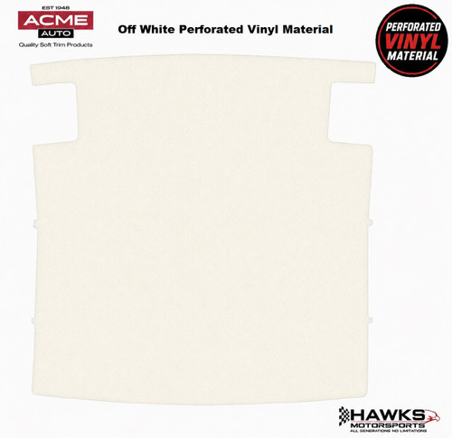 Key Features

    Complete pre-covered replacement headliner board
    Acme Off White FBH2 interior color
    Foam-backed perforated vinyl covering
    Factory-style perforated surface
    Molded ABS plastic construction
    Vacuum-formed to follow the original hardtop roof contour
    Includes upper rear seat belt retractor cutouts
    Uses factory-style attachment locations