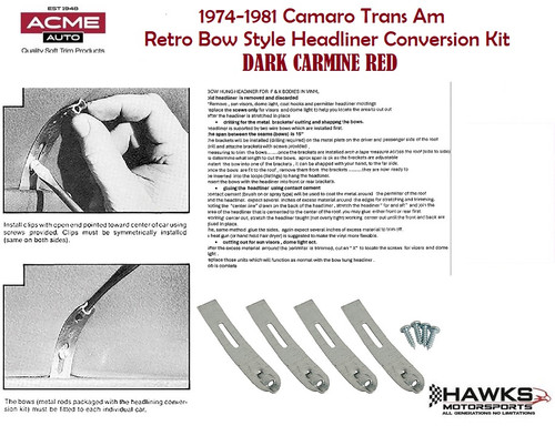 1974-1981 Camaro Firebird Trans Am bow-style headliner conversion kit by Acme with Dark Blue perforated Premier grain vinyl, bows, clips, and instructions. Hawks Motorsports 864-855-2694