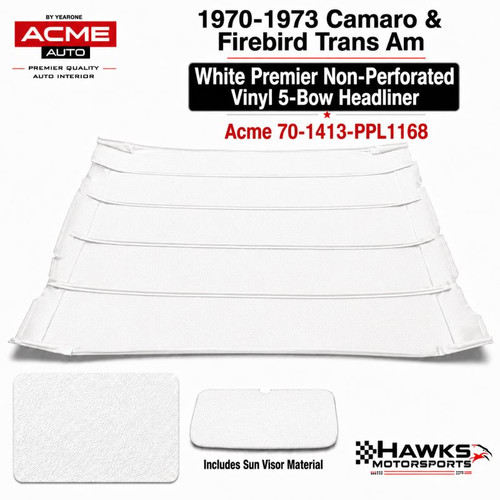 This is found in standard interior equipped cars.
1970-1973 Camaro Firebird Trans Am Off White Premier Non-Perforated Vinyl 5-Bow Headliner with Sun Visor Material Acme - 70-1413-PPL1168