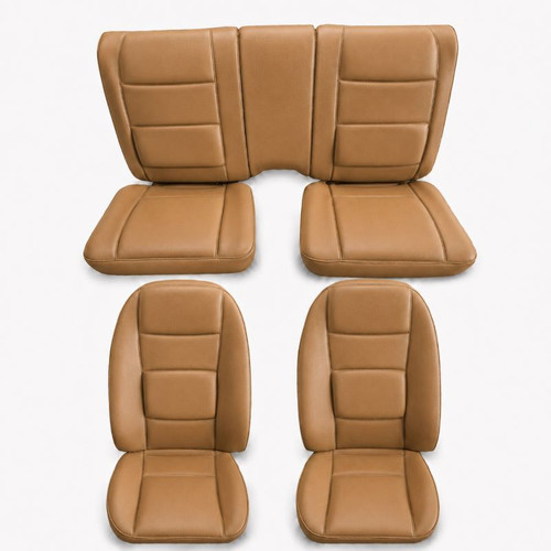 Front and rear replacement seat upholstery set
Part number: U377L-Y669
Brand: Acme
Fits 1978-1981 Pontiac Firebird Trans Am Deluxe interior applications
Camel tan leather seating area
Matching camel tan vinyl sides and back
Includes upholstery for front and rear seating areas
Includes installation instructions
Includes hog rings
Includes hog ring pliers