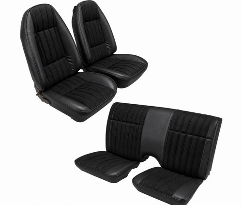 Interchange fitment for Camaro, Firebird, and Trans Am models with matching 1978-1981 F-body front bucket and solid rear back rest seat layouts
P667 Black Encore Velour cloth inserts
958 Black Sierra vinyl trim
Black cloth seating insert areas with black vinyl trim areas
Designed for front bucket seats
Designed for rear seat with solid rear back rest
Front buckets have zipper on the back and attach using plastic according to source product data
Includes upholstery
Includes 8 buttons
Includes installation instructions
Includes hog rings
Includes hog ring pliers