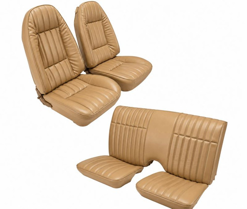 Interchange fitment for Camaro, Firebird, and Trans Am models with matching 1978-1981 F-body front bucket and solid rear back rest seat layouts
Camel tan leather seating areas
Matching camel tan vinyl sides and back
Designed for front bucket seats
Designed for rear seat with solid rear back rest
Leather seating-area version of the U380-style solid rear back rest upholstery application
Includes upholstery
Includes 8 buttons, instructions, hog rings, and hog ring pliers when supplied according to standard U380-family source data