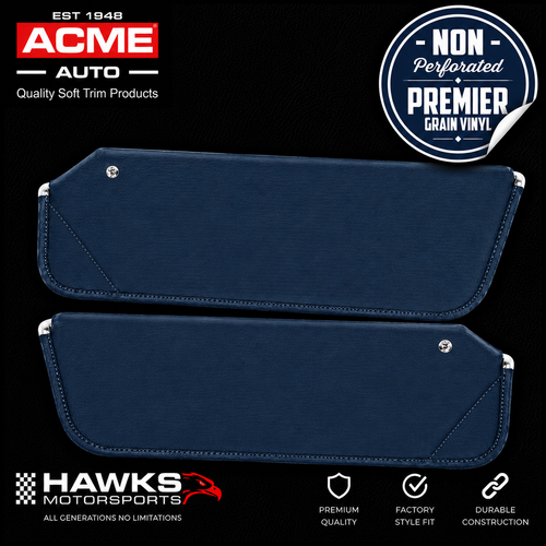 1971-1973 Chevrolet Camaro / Pontiac Firebird Dark Blue Non-Perforated Premier Grain Vinyl Sun Visors Without Mirrors, Pair, Acme SV113-PPL1170