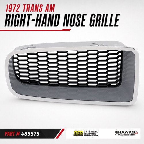 1972 Pontiac Trans Am right-hand passenger-side front nose grille with argent outer surround, OER part number 485575.