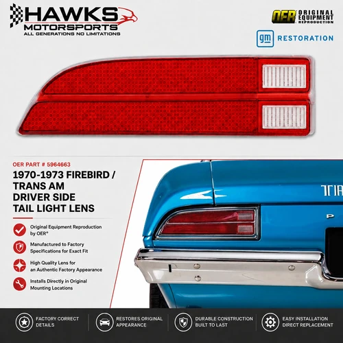 1970-1973 Pontiac Firebird and Trans Am left-hand driver-side red tail lamp lens, OER part number 5964663.