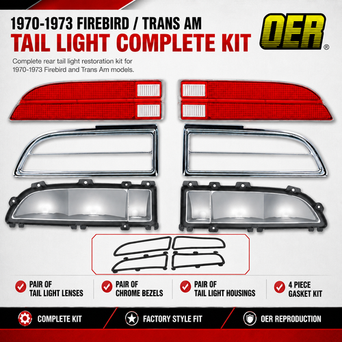 Complete 10-piece tail lamp restoration kit for 1970-1973 Pontiac Firebird and Trans Am with driver- and passenger-side housings, lenses, bezels, and four gaskets.