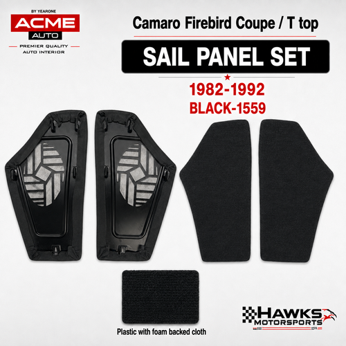 1982-1992 Camaro Firebird and Trans Am Black 1559 foam-backed cloth plastic rear sail-panel pair, Acme QP54C-1559