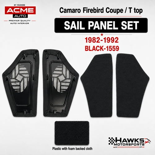 1982-1992 Camaro Firebird and Trans Am Black 1559 foam-backed cloth plastic rear sail-panel pair, Acme QP54C-1559