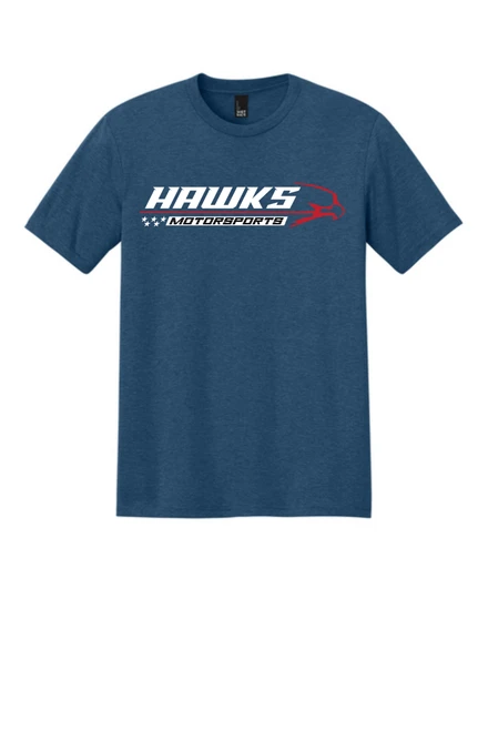 Front view of Hawks Motorsports red black and white patriotic graphic T-shirt