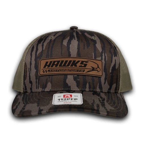  (NEW LOGO) Hawks Bottomland Camo Leather Patch Snapback | Richardson 112PFP (HAWKSBTMLNDHAT) Front view