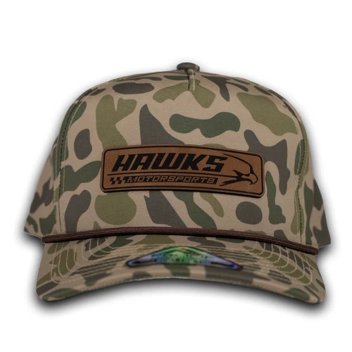 Hawks Motorsports duck camo snapback hat with leather logo patch