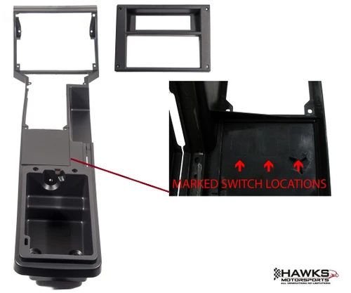Underside of Camaro upper console CON-162 showing marked power-window, power-hatch and convertible-top switch locations