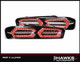 Morimoto LF404 Camaro tail light pair with red perimeter parking lights illuminated. Hawks Motorsports frame labeled PART # 1xLF404.
