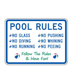 Pool Rules | No Glass, No Pushing, No Diving, No Whining, No Running, No Peeing | Follow the Rules & Have Fun! Sign