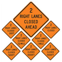 2 Right Lanes Closed (Choose Distance) Warning Signs for Temporary Traffic Control
