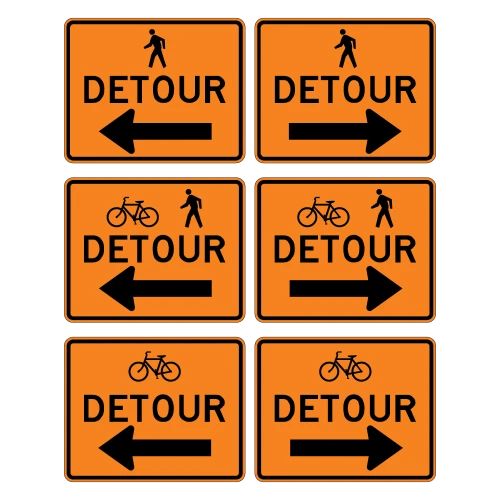Pedestrian Bicycle Detour Left/Right Arrow Signs for Temporary Traffic Control (Crashworthy Barricade Signs)