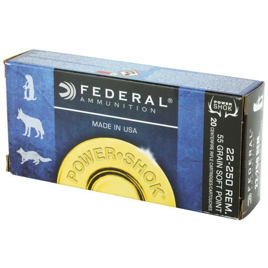 FEDERAL PWRSHK 22-250REM 55GR SP 20/200, FE22250A