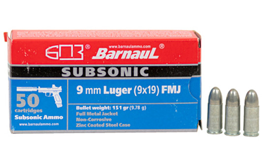 BARNAUL 9MM 151GR SUB FMJ 50/500 MKSBRN9MMZNFMJ151SUB Barnaul Ammunition