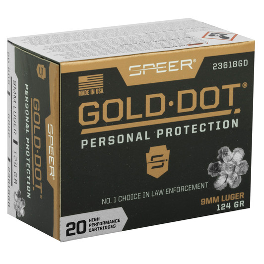 SPEER GOLD DOT 9MM AMMO, LUGER 124GR HP 20/200, 23618GD