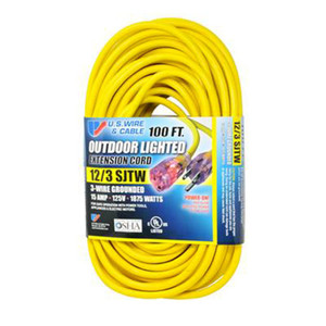 US WIRE-CABLE US Wire & Cable 100ft, Yellow 12/3 SJTW Extension Cord w/ Lighted Outlet, Single Plug 