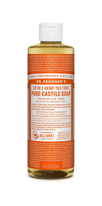 Pure-Castile Liquid Soap, Tea Tree, 16 fl oz - Dr. Bronner's, front of bottle Pure-Castile Liquid Soap, Tea Tree, 16 fl oz - Dr. Bronner's, front of bottle