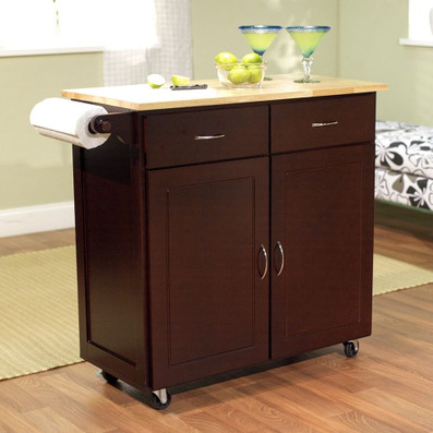 43-inch W Portable Kitchen Island Cart with Natural Wood Top in Espresso Q280-EKCWT188