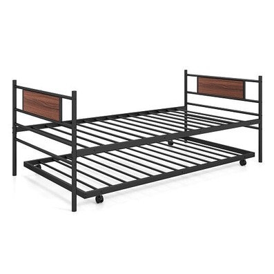 Twin Size Metal Daybed with Trundle and Wood Grain Headboard B593-HU10416
