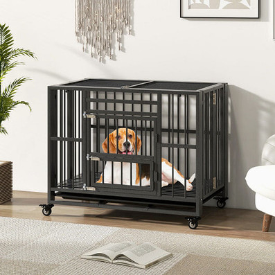 Foldable Heavy-Duty Metal Dog Cage Chew-proof Dog Crate with Lockable Universal Wheels - Color: Bla D681-PU10037