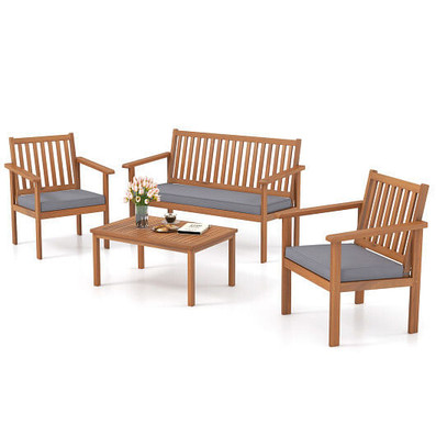 4 Piece Patio Wood Furniture Set Acacia Wood Sofa Set with Loveseat-Gray - Color: Gray D681-HW72093GR