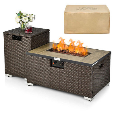 32 x 20 Inch Propane Rattan Fire Pit Table Set with Side Table Tank and Cover-Brown - Color: Brown D681-NP10261CF
