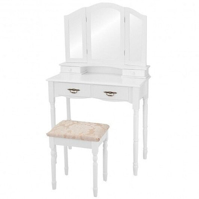 Simple Vanity Set with Tri-Folding Mirror Drawers and Storage Shelf-White B593-HW65974