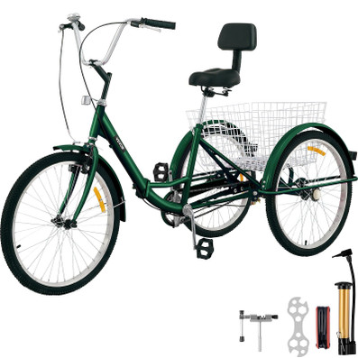VEVOR Tricycle Adult 24'' Wheels Adult Tricycle 1-Speed 3 Wheel Bikes For Adults Three Wheel Bike F E415-ZDCLC24C1SGREEN01V0