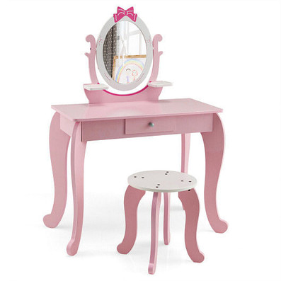 Kid Vanity Table Stool Set with Oval Rotatable Mirror-Pink B593-HY10089